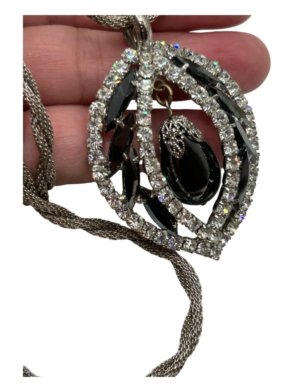 Vintage Juliana Hematite Glass Drop Rhinestone Pendant Necklace